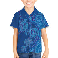 Hawaiian Turtles and Polynesian Art Tattoo Family Matching Off The Shoulder Long Sleeve Dress and Hawaiian Shirt Ocean Abyss LT03 Son's Shirt Blue - Polynesian Pride