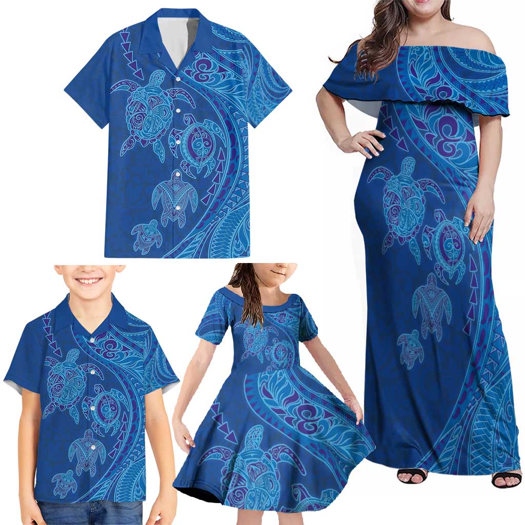 Hawaiian Turtles and Polynesian Art Tattoo Family Matching Off Shoulder Maxi Dress and Hawaiian Shirt Ocean Abyss LT03 - Polynesian Pride