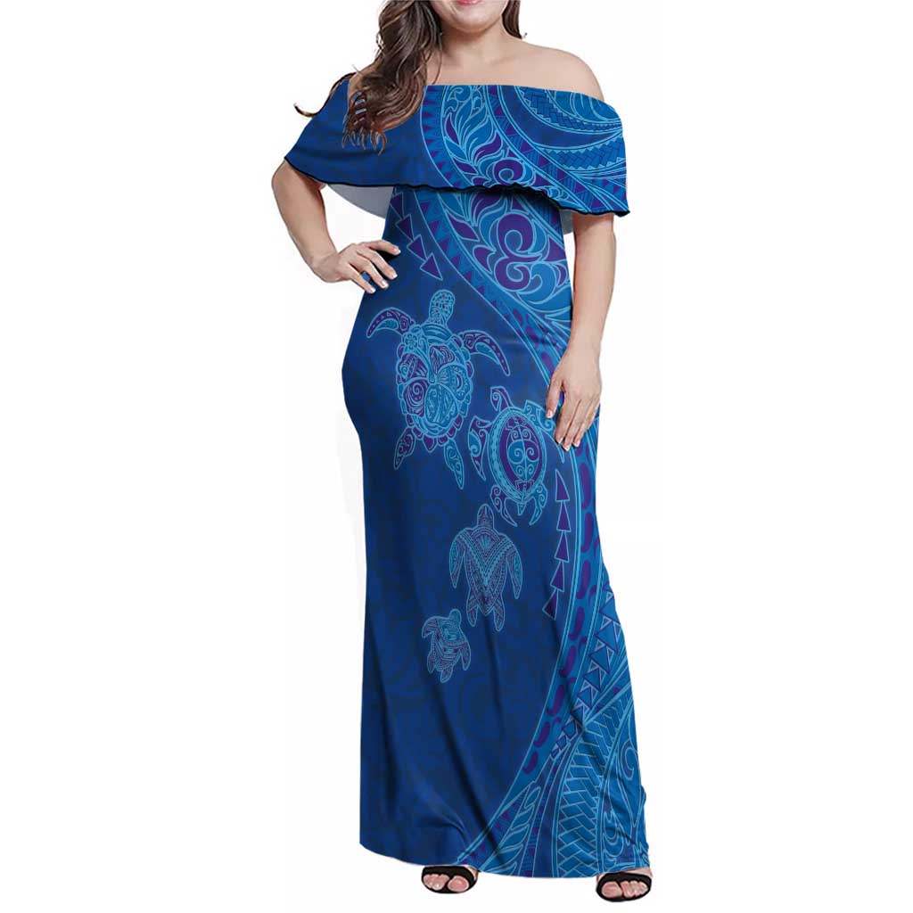 Hawaiian Turtles and Polynesian Art Tattoo Family Matching Off Shoulder Maxi Dress and Hawaiian Shirt Ocean Abyss LT03 Mom's Dress Blue - Polynesian Pride