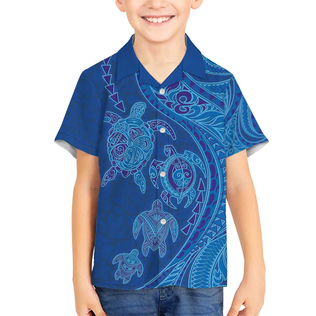 Hawaiian Turtles and Polynesian Art Tattoo Family Matching Off Shoulder Maxi Dress and Hawaiian Shirt Ocean Abyss LT03 Son's Shirt Blue - Polynesian Pride
