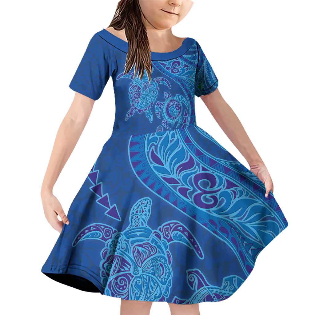 Hawaiian Turtles and Polynesian Art Tattoo Family Matching Off Shoulder Short Dress and Hawaiian Shirt Ocean Abyss LT03 Daughter's Dress Blue - Polynesian Pride