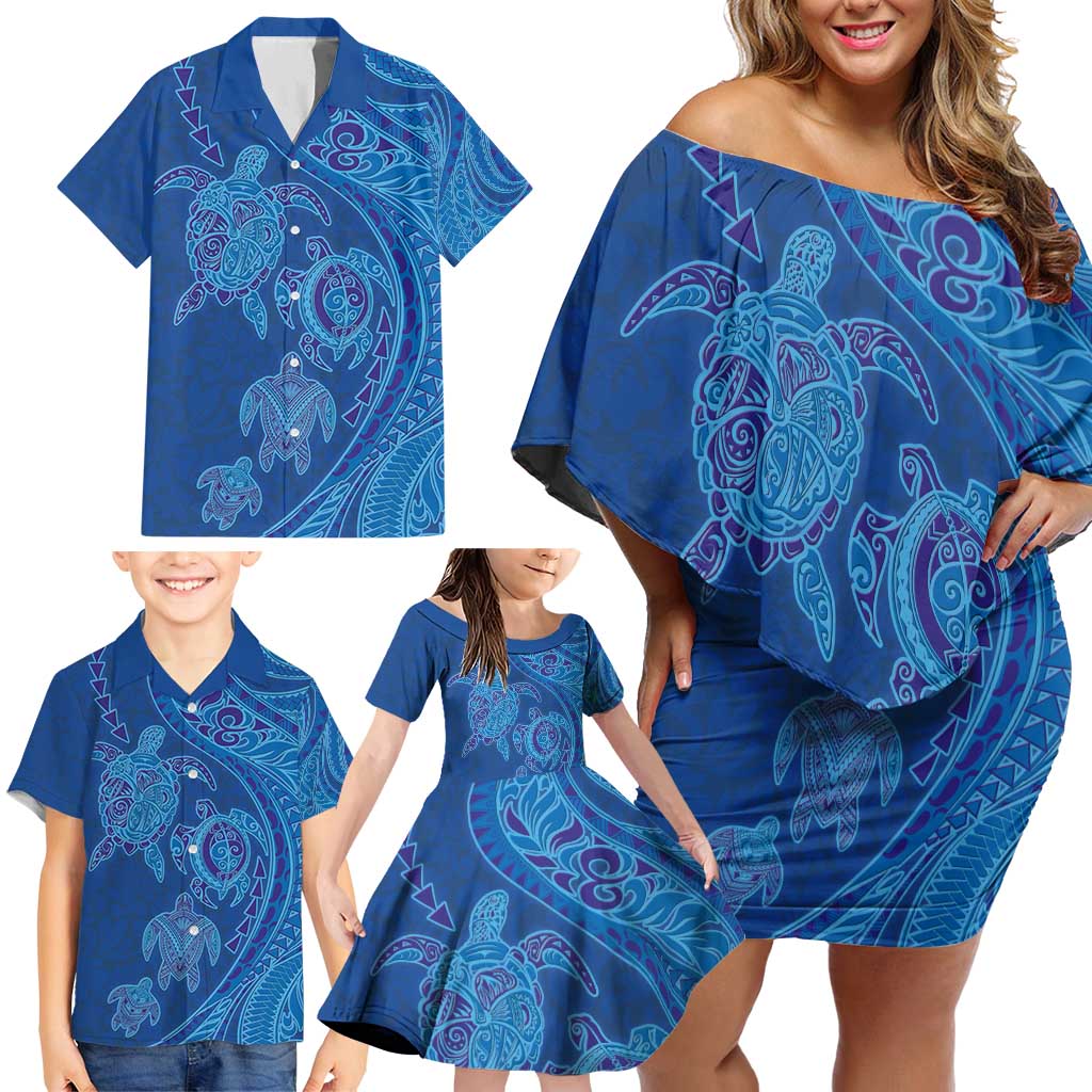 Hawaiian Turtles and Polynesian Art Tattoo Family Matching Off Shoulder Short Dress and Hawaiian Shirt Ocean Abyss LT03 - Polynesian Pride