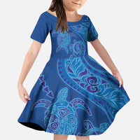 Hawaiian Turtles and Polynesian Art Tattoo Family Matching Puletasi and Hawaiian Shirt Ocean Abyss LT03 Daughter's Dress Blue - Polynesian Pride