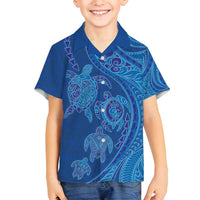 Hawaiian Turtles and Polynesian Art Tattoo Family Matching Puletasi and Hawaiian Shirt Ocean Abyss LT03 Son's Shirt Blue - Polynesian Pride