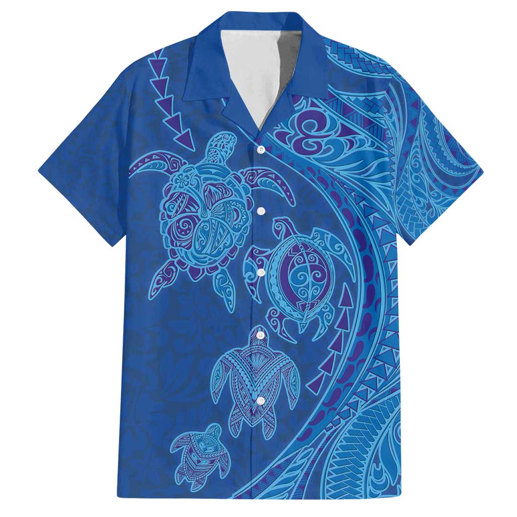 Hawaiian Turtles and Polynesian Art Tattoo Family Matching Summer Maxi Dress and Hawaiian Shirt Ocean Abyss LT03 Dad's Shirt - Short Sleeve Blue - Polynesian Pride