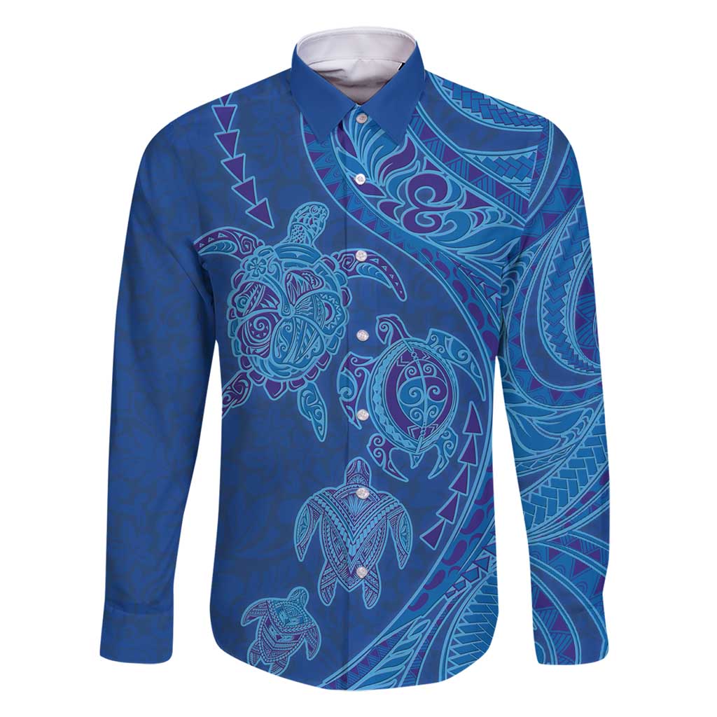 Hawaiian Turtles and Polynesian Art Tattoo Family Matching Tank Maxi Dress and Hawaiian Shirt Ocean Abyss LT03 Dad's Shirt - Long Sleeve Blue - Polynesian Pride