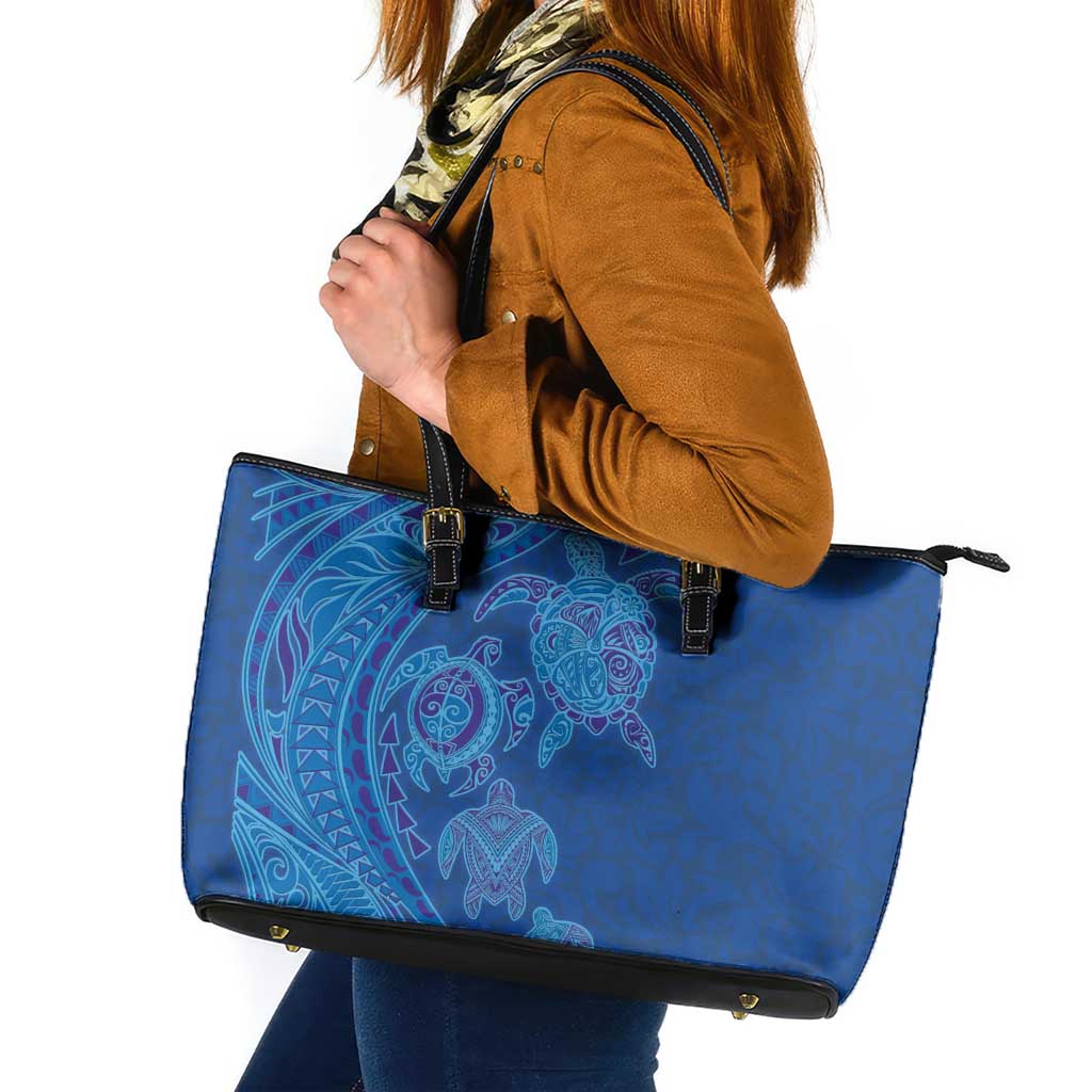 Hawaiian Turtles and Polynesian Art Tattoo Leather Tote Bag Ocean Abyss LT03 Blue - Polynesian Pride