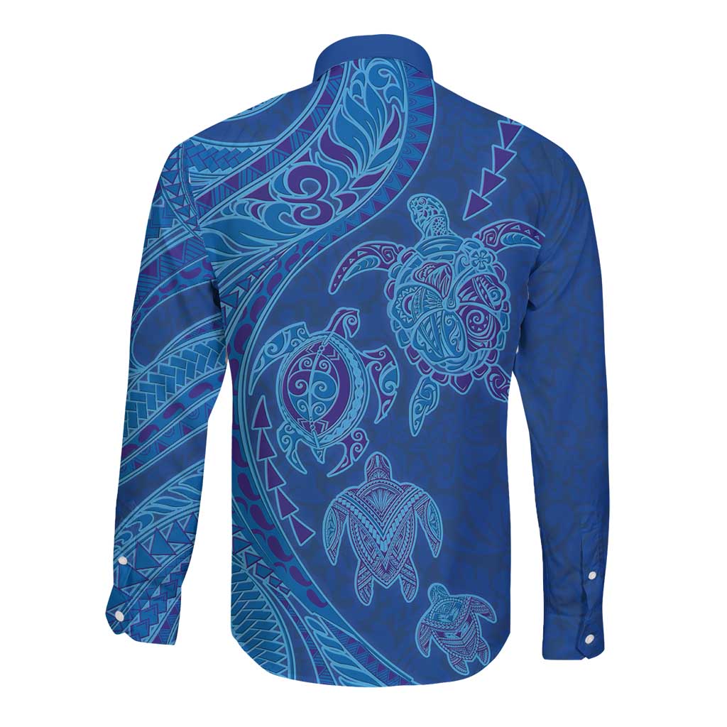 Hawaiian Turtles and Polynesian Art Tattoo Long Sleeve Button Shirt Ocean Abyss
