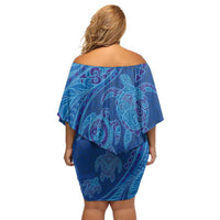 Hawaiian Turtles and Polynesian Art Tattoo Off Shoulder Short Dress Ocean Abyss