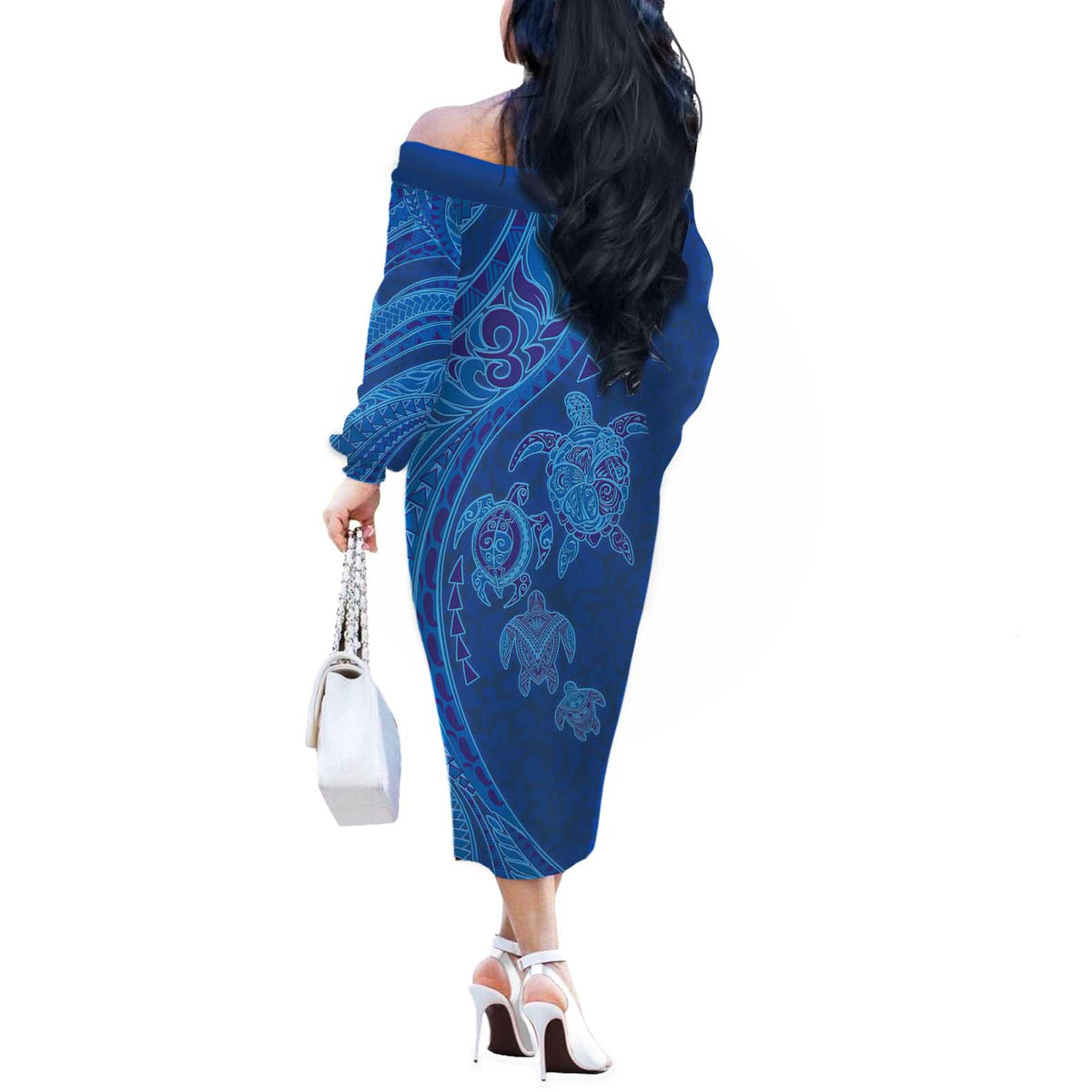 Hawaiian Turtles and Polynesian Art Tattoo Off The Shoulder Long Sleeve Dress Ocean Abyss LT03 - Polynesian Pride