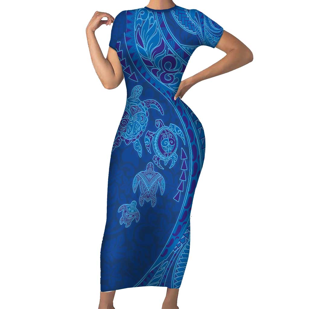 Hawaiian Turtles and Polynesian Art Tattoo Short Sleeve Bodycon Dress Ocean Abyss