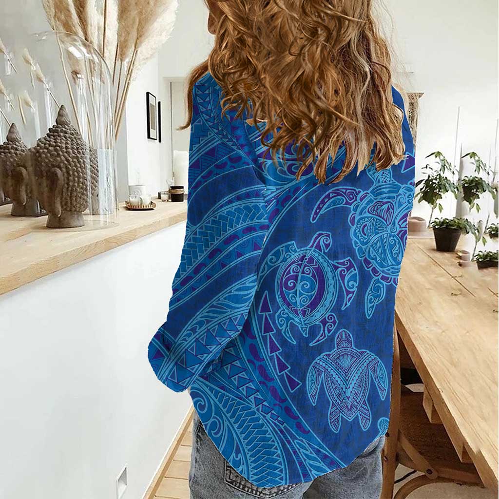 Hawaiian Turtles and Polynesian Art Tattoo Women Casual Shirt Ocean Abyss LT03 - Polynesian Pride
