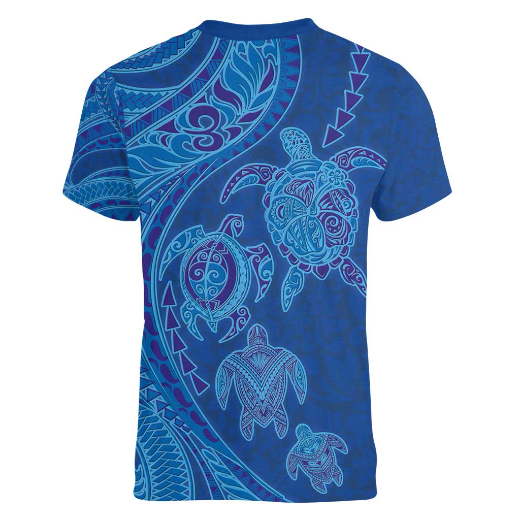 Hawaiian Turtles and Polynesian Art Tattoo Women V-Neck T-Shirt Ocean Abyss LT03 - Polynesian Pride