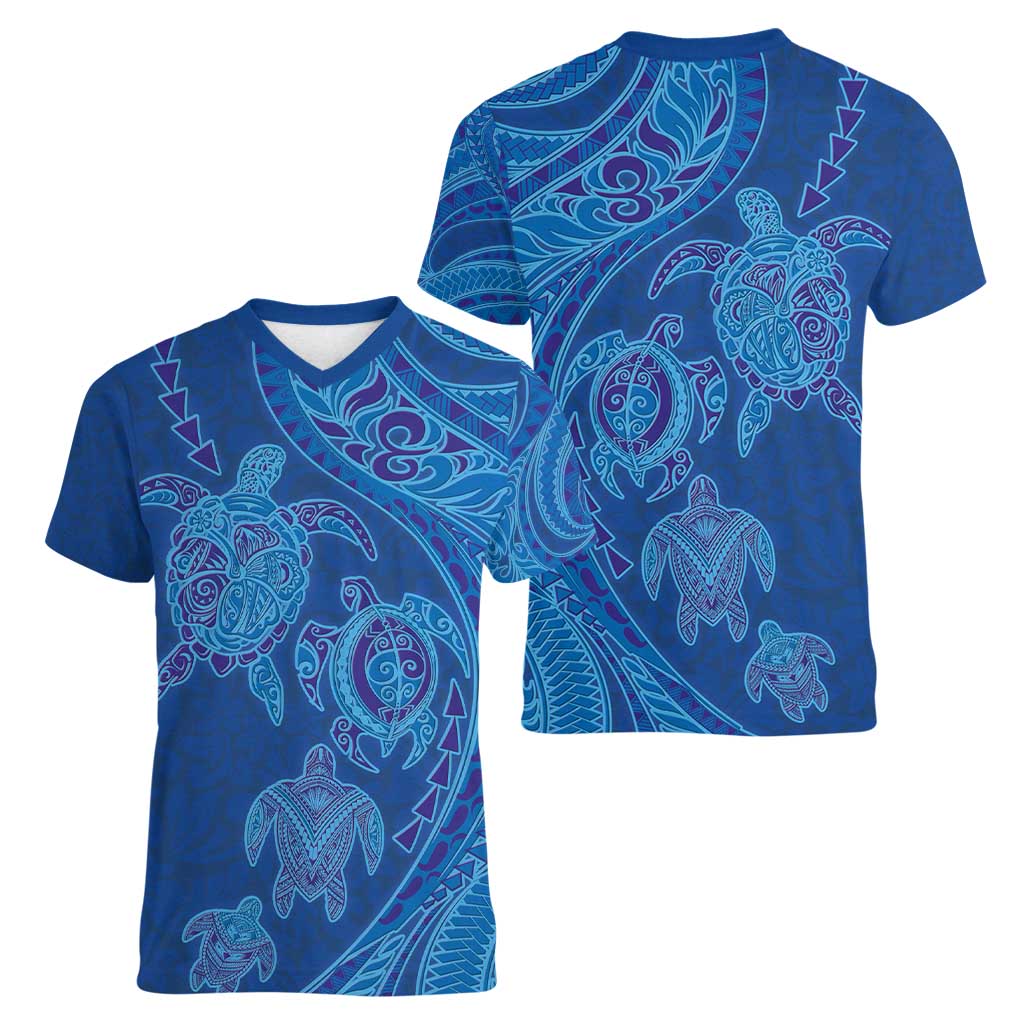 Hawaiian Turtles and Polynesian Art Tattoo Women V-Neck T-Shirt Ocean Abyss LT03 - Polynesian Pride