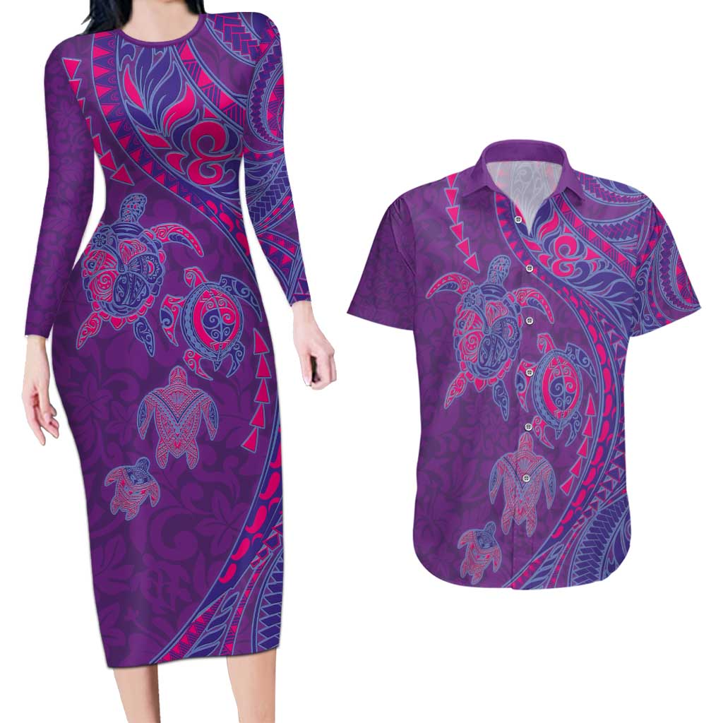 Hawaiian Turtles and Polynesian Art Tattoo Couples Matching Long Sleeve Bodycon Dress and Hawaiian Shirt Dusky Violet LT03 Purple - Polynesian Pride