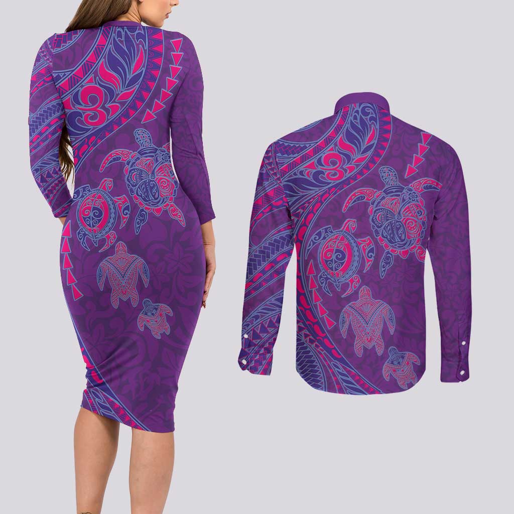 Hawaiian Turtles and Polynesian Art Tattoo Couples Matching Long Sleeve Bodycon Dress and Long Sleeve Button Shirt Dusky Violet LT03 - Polynesian Pride