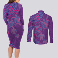 Hawaiian Turtles and Polynesian Art Tattoo Couples Matching Long Sleeve Bodycon Dress and Long Sleeve Button Shirt Dusky Violet LT03 - Polynesian Pride