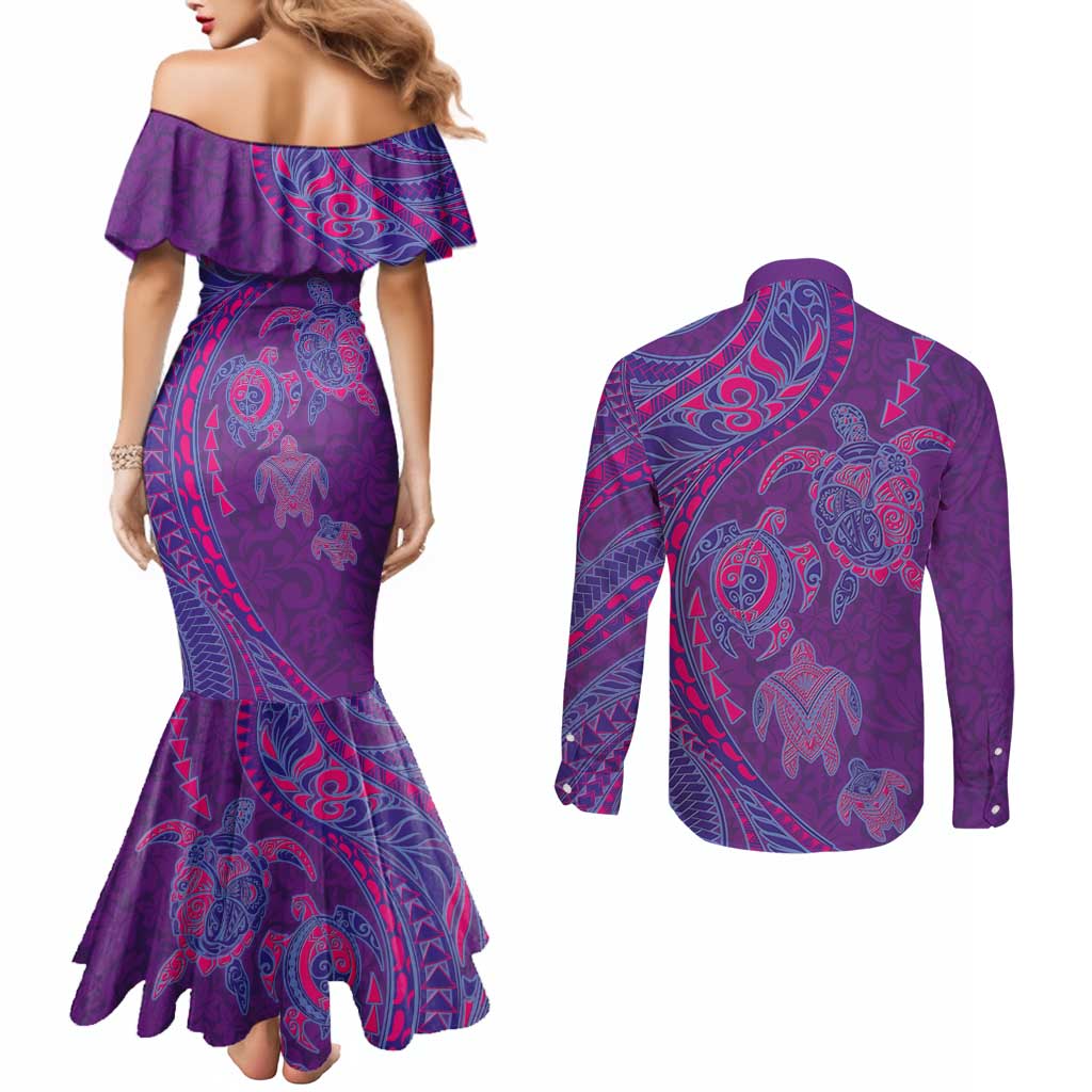 Hawaiian Turtles and Polynesian Art Tattoo Couples Matching Mermaid Dress and Long Sleeve Button Shirt Dusky Violet LT03 - Polynesian Pride