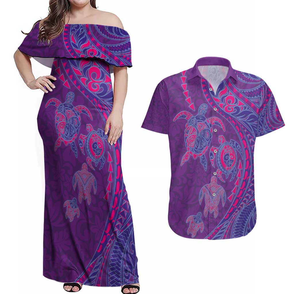 Hawaiian Turtles and Polynesian Art Tattoo Couples Matching Off Shoulder Maxi Dress and Hawaiian Shirt Dusky Violet LT03 Purple - Polynesian Pride