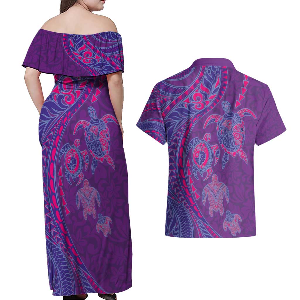 Hawaiian Turtles and Polynesian Art Tattoo Couples Matching Off Shoulder Maxi Dress and Hawaiian Shirt Dusky Violet LT03 - Polynesian Pride