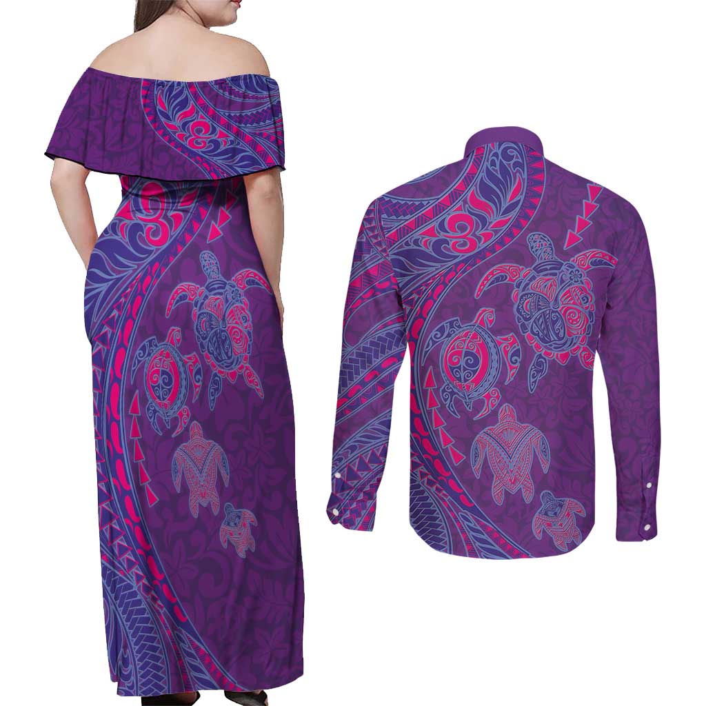 Hawaiian Turtles and Polynesian Art Tattoo Couples Matching Off Shoulder Maxi Dress and Long Sleeve Button Shirt Dusky Violet LT03 - Polynesian Pride