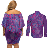 Hawaiian Turtles and Polynesian Art Tattoo Couples Matching Off Shoulder Short Dress and Long Sleeve Button Shirt Dusky Violet LT03 - Polynesian Pride