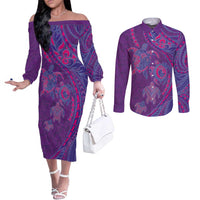 Hawaiian Turtles and Polynesian Art Tattoo Couples Matching Off The Shoulder Long Sleeve Dress and Long Sleeve Button Shirt Dusky Violet LT03 Purple - Polynesian Pride