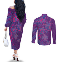 Hawaiian Turtles and Polynesian Art Tattoo Couples Matching Off The Shoulder Long Sleeve Dress and Long Sleeve Button Shirt Dusky Violet LT03 - Polynesian Pride
