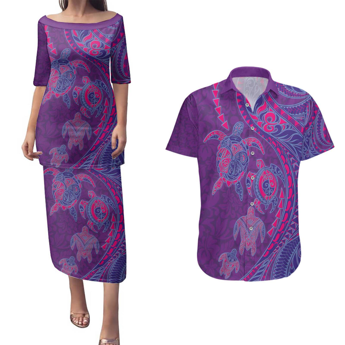 Hawaiian Turtles and Polynesian Art Tattoo Couples Matching Puletasi and Hawaiian Shirt Dusky Violet LT03 Purple - Polynesian Pride