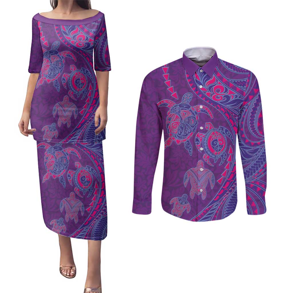 Hawaiian Turtles and Polynesian Art Tattoo Couples Matching Puletasi and Long Sleeve Button Shirt Dusky Violet LT03 Purple - Polynesian Pride