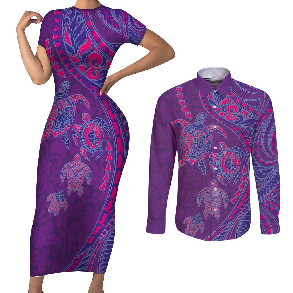 Hawaiian Turtles and Polynesian Art Tattoo Couples Matching Short Sleeve Bodycon Dress and Long Sleeve Button Shirt Dusky Violet LT03 Purple - Polynesian Pride