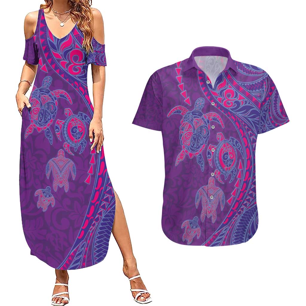 Hawaiian Turtles and Polynesian Art Tattoo Couples Matching Summer Maxi Dress and Hawaiian Shirt Dusky Violet LT03 Purple - Polynesian Pride
