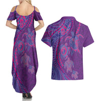 Hawaiian Turtles and Polynesian Art Tattoo Couples Matching Summer Maxi Dress and Hawaiian Shirt Dusky Violet LT03 - Polynesian Pride