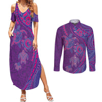 Hawaiian Turtles and Polynesian Art Tattoo Couples Matching Summer Maxi Dress and Long Sleeve Button Shirt Dusky Violet LT03 Purple - Polynesian Pride