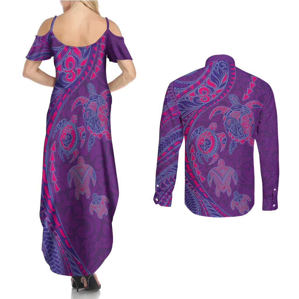 Hawaiian Turtles and Polynesian Art Tattoo Couples Matching Summer Maxi Dress and Long Sleeve Button Shirt Dusky Violet LT03 - Polynesian Pride