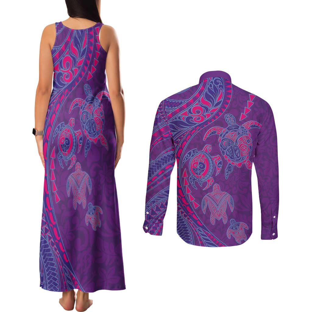 Hawaiian Turtles and Polynesian Art Tattoo Couples Matching Tank Maxi Dress and Long Sleeve Button Shirt Dusky Violet LT03 - Polynesian Pride