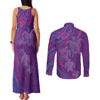 Hawaiian Turtles and Polynesian Art Tattoo Couples Matching Tank Maxi Dress and Long Sleeve Button Shirt Dusky Violet LT03 - Polynesian Pride