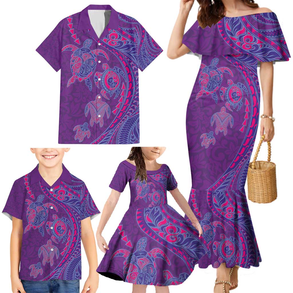 Hawaiian Turtles and Polynesian Art Tattoo Family Matching Mermaid Dress and Hawaiian Shirt Dusky Violet