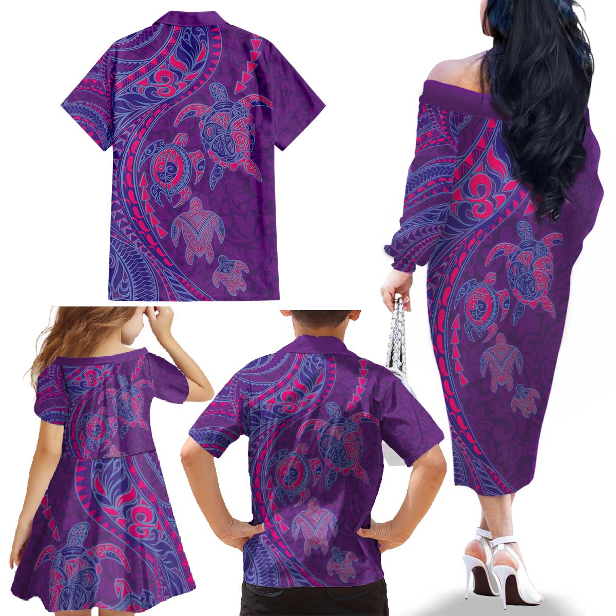 Hawaiian Turtles and Polynesian Art Tattoo Family Matching Off The Shoulder Long Sleeve Dress and Hawaiian Shirt Dusky Violet LT03 - Polynesian Pride