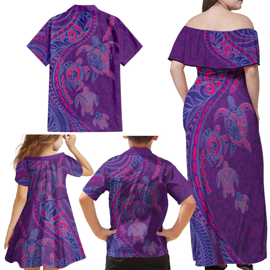 Hawaiian Turtles and Polynesian Art Tattoo Family Matching Off Shoulder Maxi Dress and Hawaiian Shirt Dusky Violet LT03 - Polynesian Pride