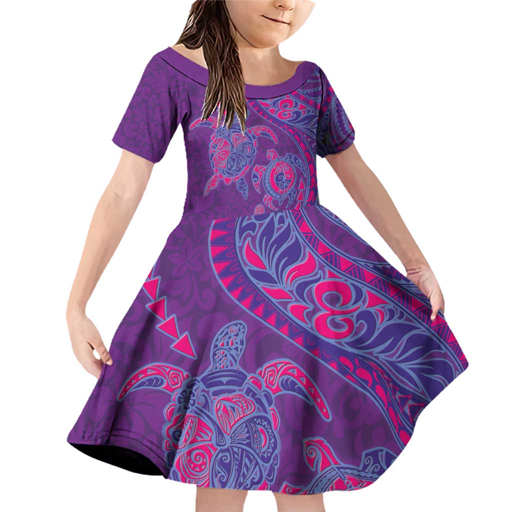 Hawaiian Turtles and Polynesian Art Tattoo Family Matching Off Shoulder Short Dress and Hawaiian Shirt Dusky Violet LT03 Daughter's Dress Purple - Polynesian Pride