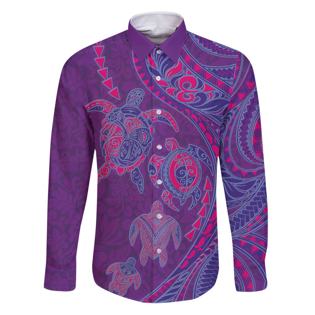 Hawaiian Turtles and Polynesian Art Tattoo Family Matching Puletasi and Hawaiian Shirt Dusky Violet LT03 Dad's Shirt - Long Sleeve Purple - Polynesian Pride