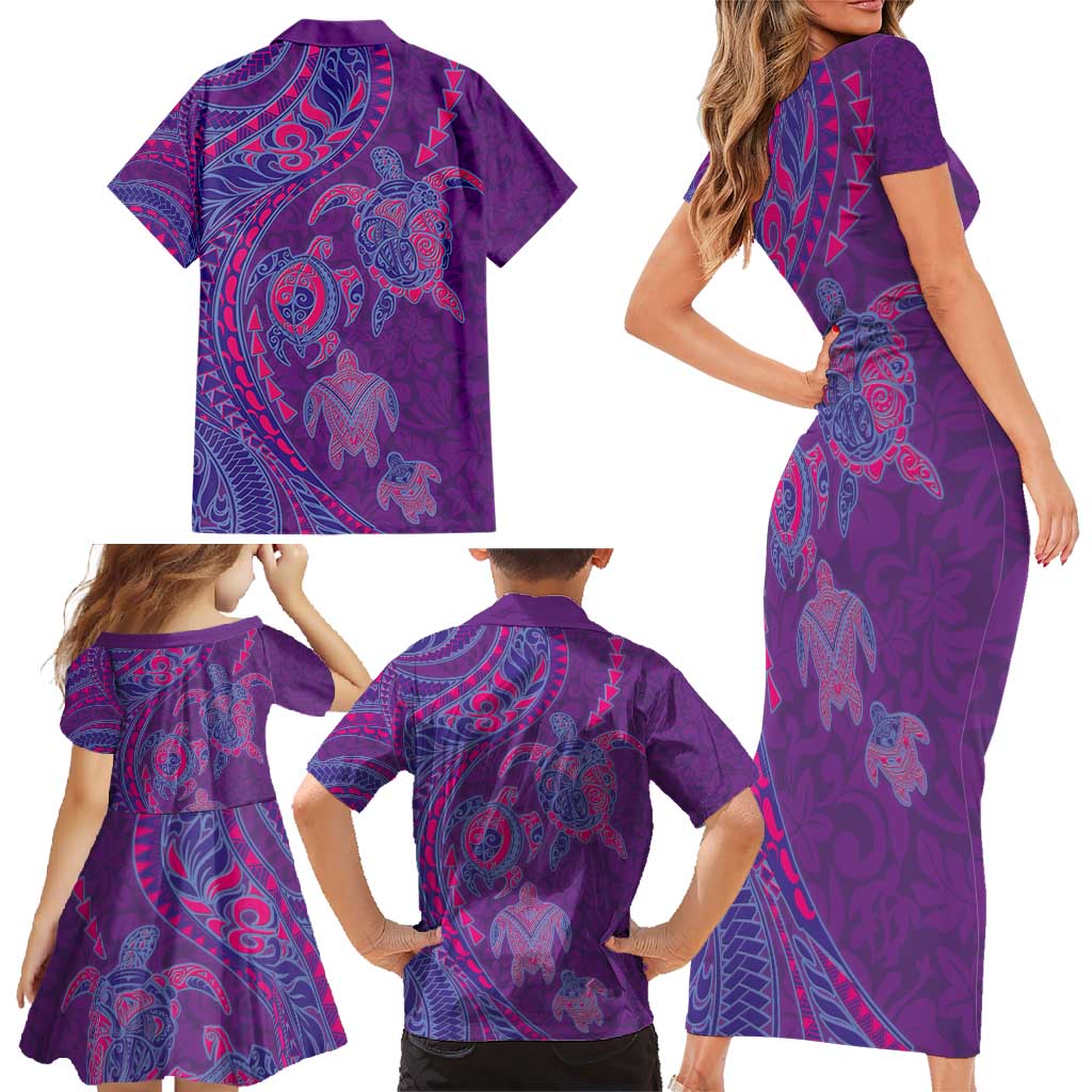 Hawaiian Turtles and Polynesian Art Tattoo Family Matching Short Sleeve Bodycon Dress and Hawaiian Shirt Dusky Violet LT03 - Polynesian Pride