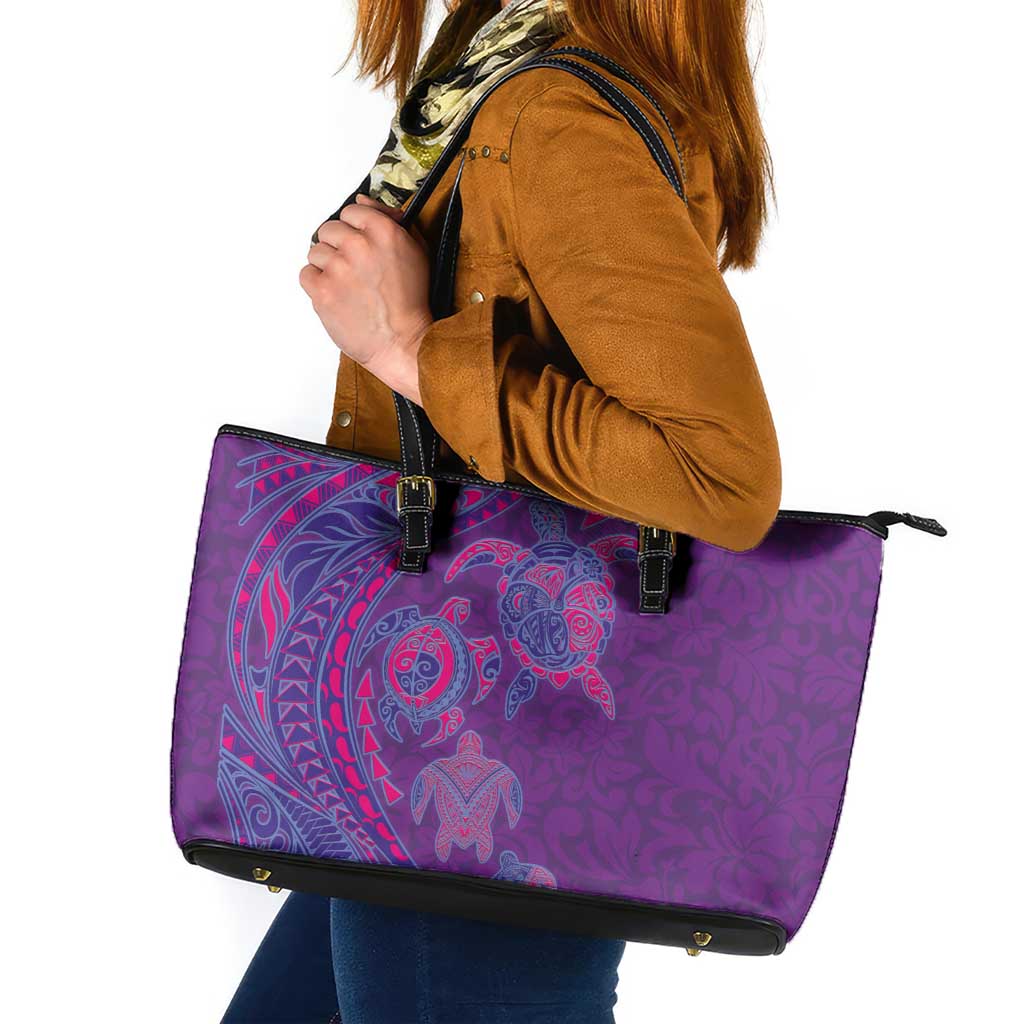 Hawaiian Turtles and Polynesian Art Tattoo Leather Tote Bag Dusky Violet LT03 Purple - Polynesian Pride