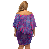 Hawaiian Turtles and Polynesian Art Tattoo Off Shoulder Short Dress Dusky Violet