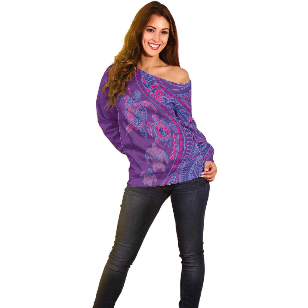 Hawaiian Turtles and Polynesian Art Tattoo Off Shoulder Sweater Dusky Violet