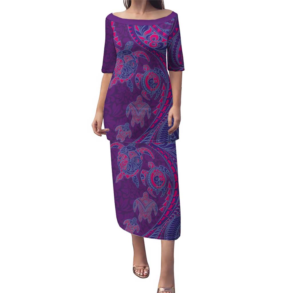 Hawaiian Turtles and Polynesian Art Tattoo Puletasi Dusky Violet LT03 Long Dress Purple - Polynesian Pride