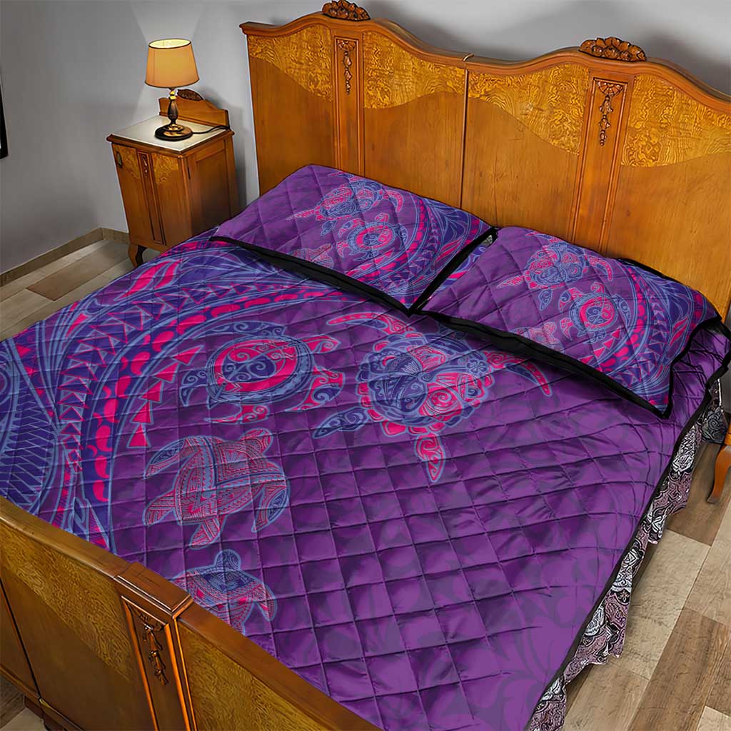 Hawaiian Turtles and Polynesian Art Tattoo Quilt Bed Set Dusky Violet