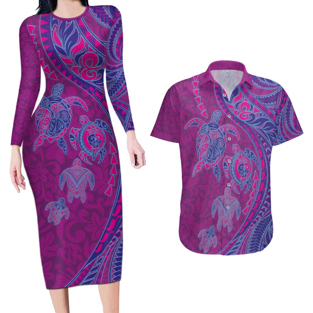 Hawaiian Turtles and Polynesian Art Tattoo Couples Matching Long Sleeve Bodycon Dress and Hawaiian Shirt Cerise