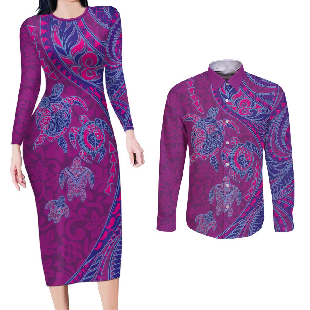 Hawaiian Turtles and Polynesian Art Tattoo Couples Matching Long Sleeve Bodycon Dress and Long Sleeve Button Shirt Cerise